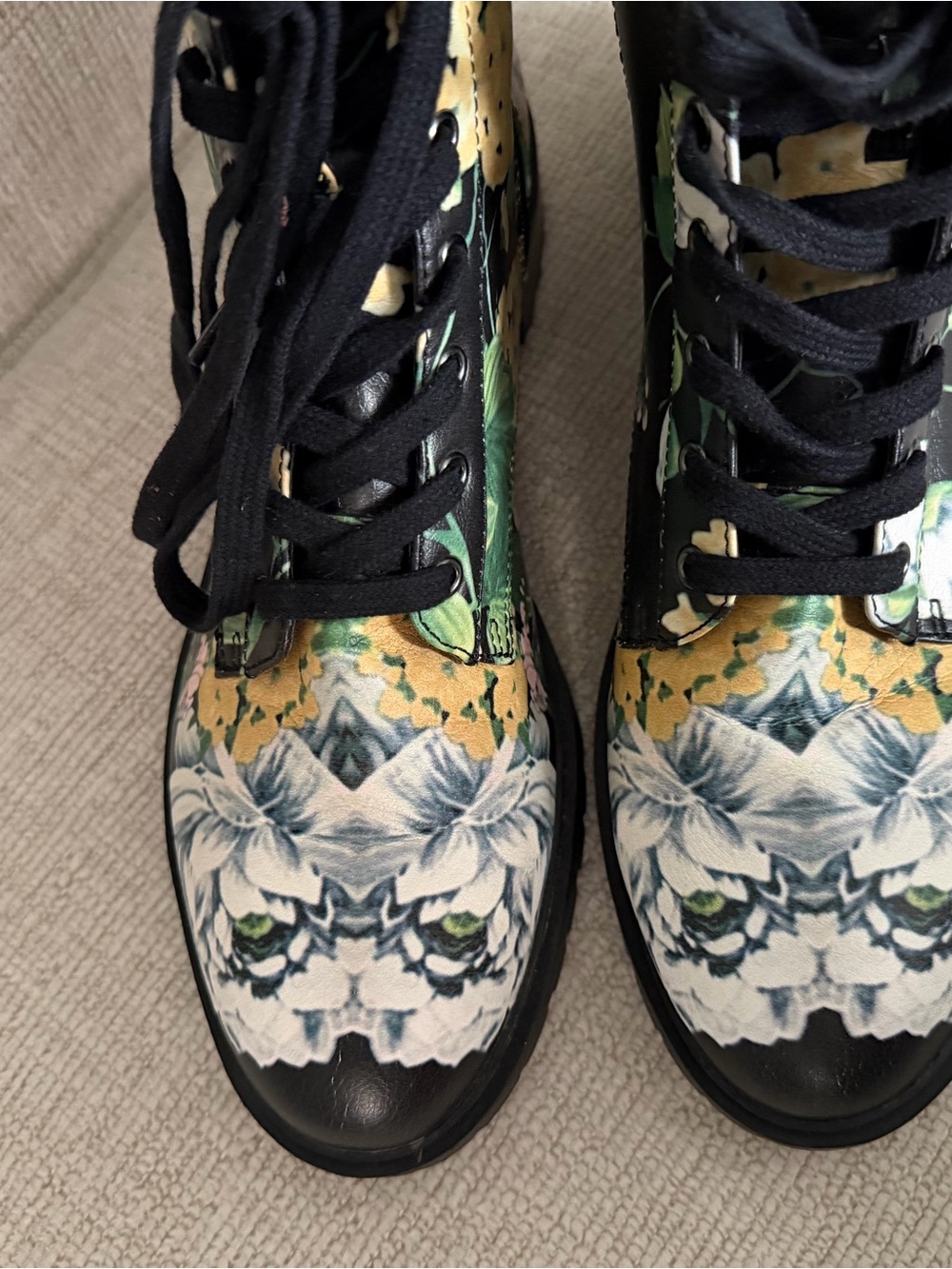 Steve Madden Black Floral Combat Boots with Green, Yellow & Pink Accents - Picture 2 of 7